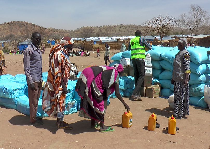 Sudanese refugees displaced by the conflict gather to receive food from aid agencies at the Metche Camp in eastern Chad, 5 March, 2024