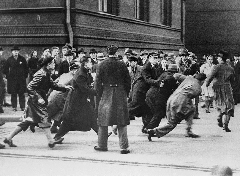 Clash between Republican and Nazi students in front of the Berlin University in the German capitol, Feb. 10, 1933 resulting in many injuries to the opposing factions.