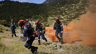 Atina'nın yaklaşık 60 kilometre kuzeybatısında yer alan Villia köyü yakınlarında 1. Orman Yangını Özel Operasyon Birimi tatbikat yapıyor