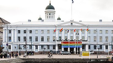 In this June 28, 2018 photo, a view of Market Square and Helsinki City Hall, in Helsinki, Finland.
