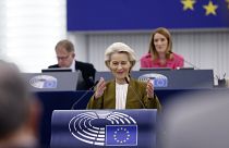 EU Commission President Ursula von der Leyen during a ceremony to mark the 20th Anniversary of the 2004 EU enlargement, Wednesday, April 24.