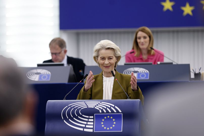 La Presidenta de la Comisión Europea, Ursula von der Leyen, en el 20º aniversario de la ampliación de la UE en 2004, el miércoles 24 de abril de 2024, Estrasburgo, Francia.
