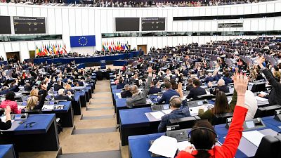 Abstimmung im Plenarsaal der Europäischen Parlaments in Straßburg, 25. April 2024