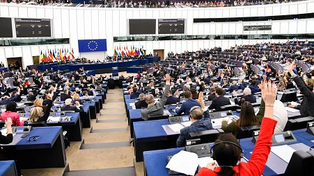 Abstimmung im Plenarsaal der Europäischen Parlaments in Straßburg, 25. April 2024
