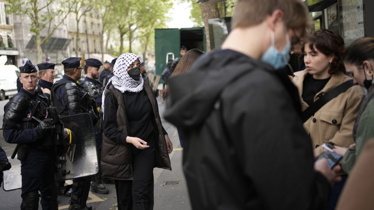 Students gather for pro-Palestinian protest near Sciences Po university Friday, May 3, 2024 in Paris
