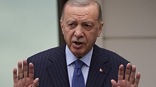 Turkish President Recep Tayyip Erdogan speaks to the media following the Friday noon prayer in Istanbul, Turkey. May 3, 2024.