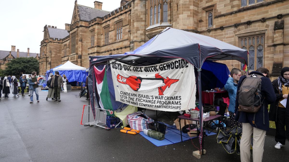 Protesting students occupy an area of the quadrangle at the University of Sydney in Sydney, Friday, May 3, 2024.
