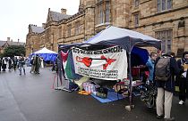 Protesting students occupy an area of the quadrangle at the University of Sydney in Sydney, Friday, May 3, 2024.