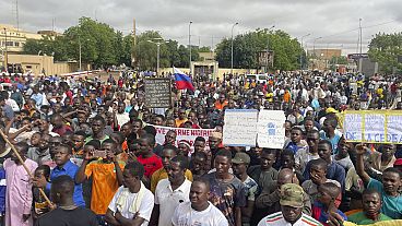 Supporters of Niger's ruling junta gather for a protest called to fight for the country's freedom and push back against foreign interference, in Niamey, Niger, Aug. 3, 2023.