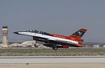 The X-62A VISTA aircraft, an experimental AI-enabled Air Force F-16 fighter jet, takes off on Thursday, May 2, 2024, at Edwards Air Force Base, California.