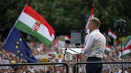 Péter Magyar, a rising challenger to Hungarian Prime Minister Viktor Orbán, addresses people at a campaign rally in the rural city of Debrecen, Hungary, on Sunday, May 5, 2024