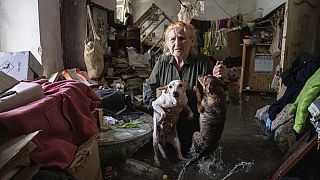A woman holds her pets after her house was flooded when the Kakhovka dam collapsed, in Kherson, Ukraine, Tuesday, June 6, 2023. 