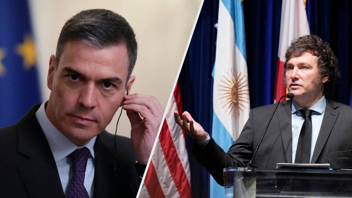 Elaboración Euronews. Izquierda: Pedro Sánchez durante una rueda de prensa el 16 de abril de 2024. Derecha: Javier Milei hace un discurso en EE.UU. el 11 de abril de 2024.