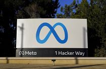 Meta's logo is seen on a sign at the company's headquarters.