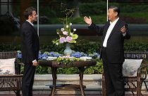  Chinese President Xi Jinping, right, and France's President Emmanuel Macron at the Guandong province governor's residence in Guangzhou, China. April 7, 2023.