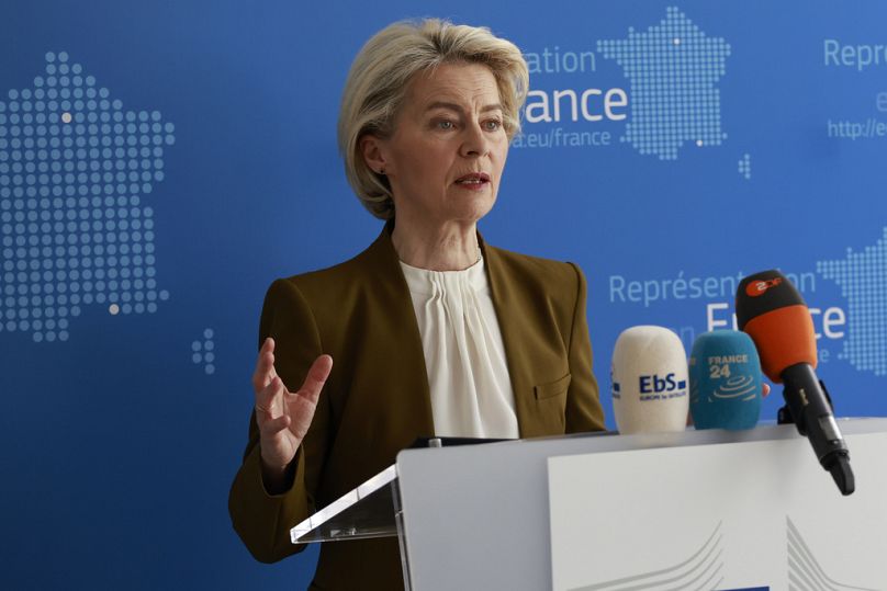 La presidente della Commissione europea, Ursula von der Leyen, pronuncia il suo discorso durante un vertice con Xi Jinping, Parigi, 06 maggio 2024a