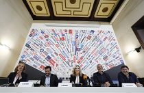 Italian Foreign Press Association's member Costanze Reuscher hosts a press conference at the association headquarters in Rome, Monday, May 6, 2024.