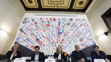 Italian Foreign Press Association's member Costanze Reuscher hosts a press conference at the association headquarters in Rome, Monday, May 6, 2024.