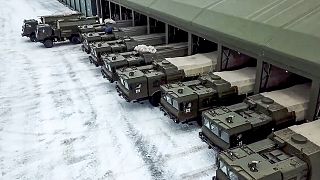 The Russian army's Iskander missile launchers and support vehicles prepare to deploy for drills in Russia, 25 January 2022