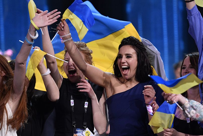 Ukraine's Jamala celebrates as she wins with her song '1944' in 2016