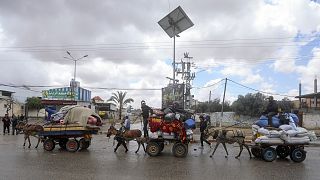 Palestinianos fogem do lado oriental da cidade de Rafah, no sul de Gaza, depois de o exército israelita lhes ter ordenado a evacuação antes de uma operação militar, em Rafah, na Faixa de Gaza