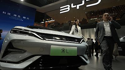 A model poses near the BYD Song L EV car during Auto China 2024 held in Beijing, Thursday, April 25, 2024. 