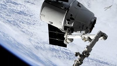 In this image taken from NASA Television, a SpaceX shipment prepares to arrive at the International Space Station following a weekend launch, Monday, May 6, 2019. 