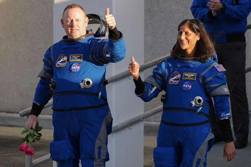 NASA astronauts Butch Wilmore, left, and Suni Williams on their way to the Boeing Starliner Monday, May 6, 2024, in Cape Canaveral, Florida.