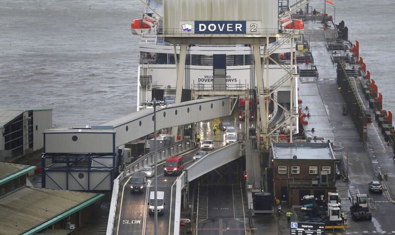 Lorries arrive onboard the DFDS Dover Seaways ferry at the Port of Dover in Kent, England,