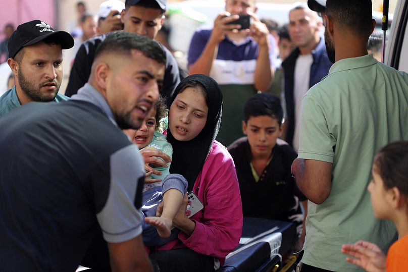 A Palestinian child is brought to the Kuwaiti Hospital after being wounded in the Israeli bombardment of the Gaza Strip, in Rafah refugee camp, Tuesday, May 7, 2024.