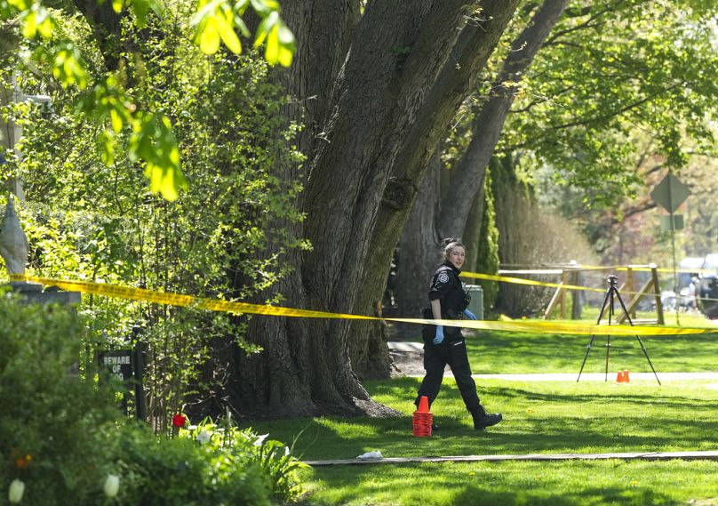 Toronto Police investigate a shooting outside the mansion of rapper Drake in Toronto's Bridle Path neighborhood, Tuesday, 7 May 2024.