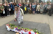 Des membres du personnel de l'UE manifestent pour la paix à Gaza dans le quartier européen de Bruxelles, 8 mai 2024