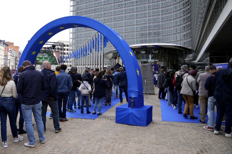 On Europe Day, earlier this month, people queue to visit the European Commission as part of Europe Day celebrations in Brussels