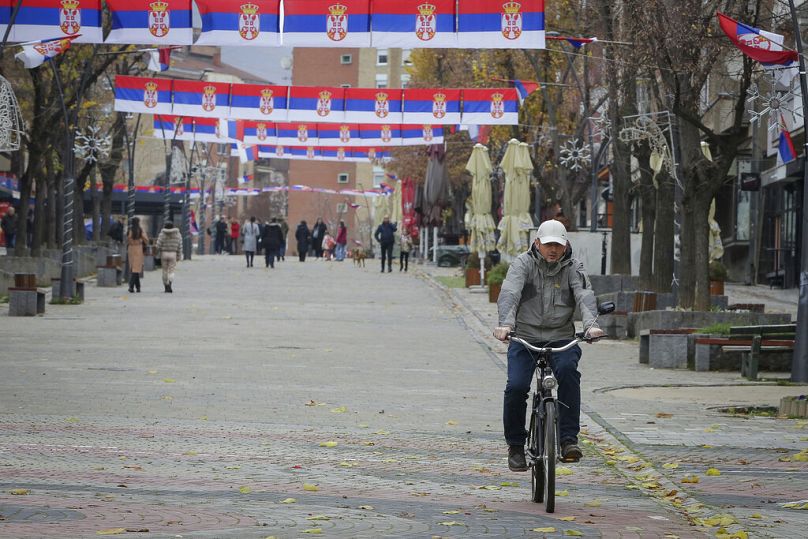 Serb national flags decorate the main square in North Mitrovica, 9 December 2022