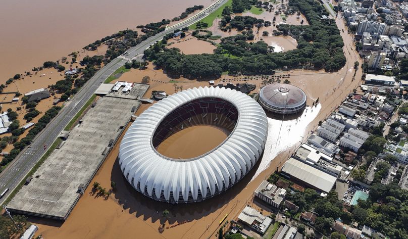Beira Rio stadium is flooded after heavy rain in Porto Alegre, Rio Grande do Sul state, Brazil, Tuesday, May 7, 2024.