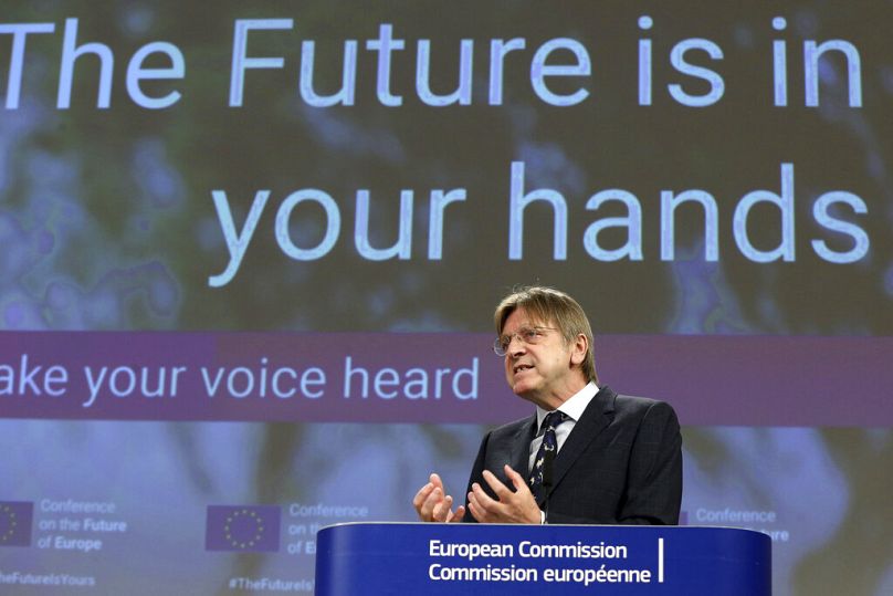 Member of the European Parliament Guy Verhofstadt at EU headquarters in Brussels, Monday, April 19, 2021.