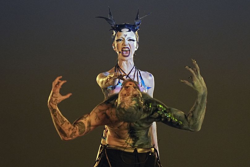 Bambie Thug of Ireland performs the song Doomsday Blue during the dress rehearsal for the first semifinal at the Eurovision Song Contest