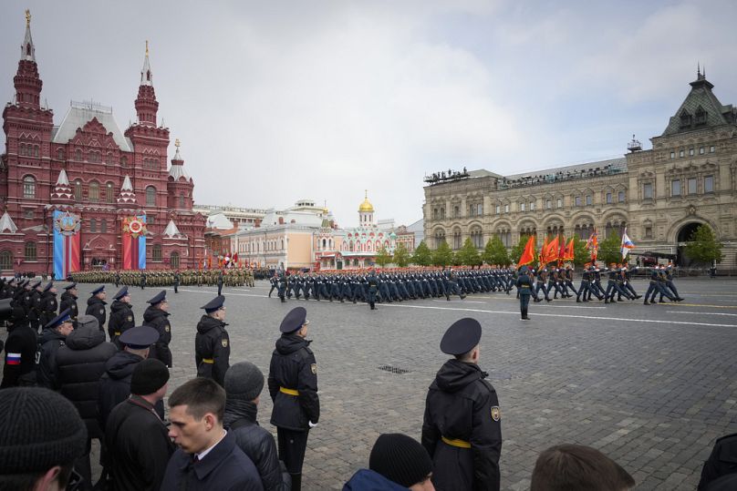 Russian servicemen march during the Victory Day military parade in Moscow, Russia, Thursday, May 9, 2024.