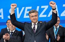 Prime Minister incumbent Andrej Plenkovic celebrates after claiming victory in a parliamentary election in Zagreb, Croatia, Thursday, April 18, 2024.