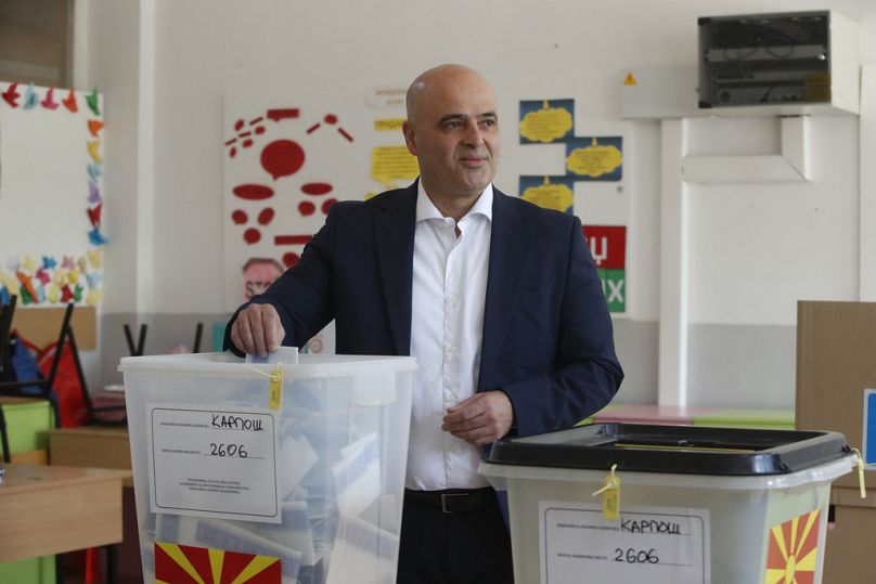 Dimitar Kovacevski, the leader of the ruling Social-Democrats (SDSM), casts his ballots at a polling station in Skopje, North Macedonia, on Wednesday, May 8, 2024.