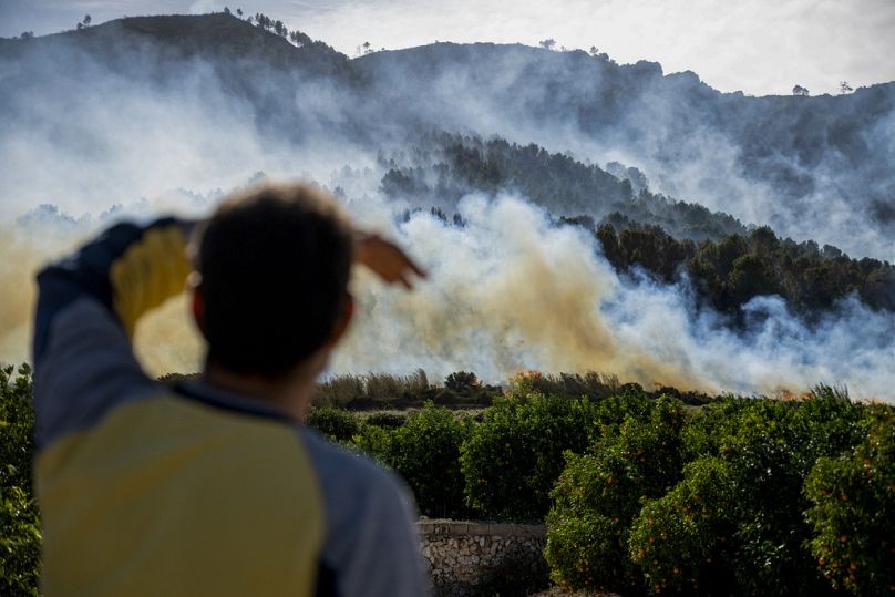 Una persona observa cómo avanza un incendio forestal cerca de Palma de Gandía en Valencia, noviembre de 2023.
