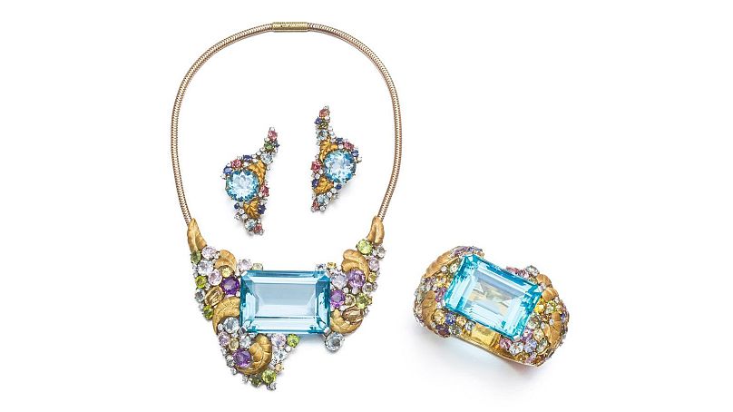 Dame Shirley Bassey's aquamarine, sapphire and diamond gemset, estimated to sell for between €60,000 and €70,000