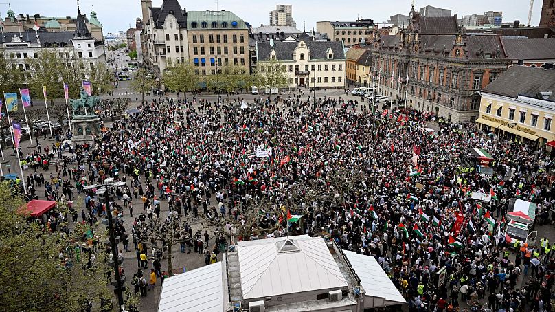 Protestors takes part in the Stop Israel demonstration between Stortorget and Mölleplatsen in Malmö, Sweden - Thursday 9 May 2024