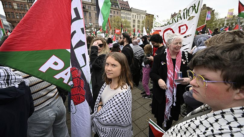 Climate activist Greta Thunberg takes part in a Stop Israel demonstration, between Stortorget and Mölleplatsen in Malmö