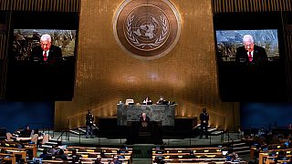 الرئيس الفلسطيني محمود عباس يلقي كلمة أمام الدورة السابعة والسبعين للجمعية العامة للأمم المتحدة في 23 سبتمبر 2022 في مقر الأمم المتحدة
