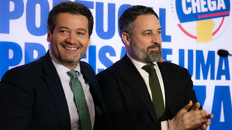 Portugal's Chega leader André Ventura (left) with Spain's Vox leader Santiago Abascal (right)