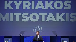 Greece's Prime Minister Kyriakos Mitsotakis speaks at the EPP Congress in Bucharest, Romania, Thursday, March 7, 2024