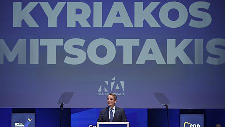 Griechenlands Premierminister Kyriakos Mitsotakis spricht auf dem EVP-Kongress in Bukarest, Rumänien, Donnerstag, 7. März 2024