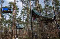 ناشطون يخيمون ويبنون منازل على الاشجار قرب مصنع تيسلا بالقرب من برلين، ألمانيا، الثلاثاء 5 آذار/ مارس/ 2024