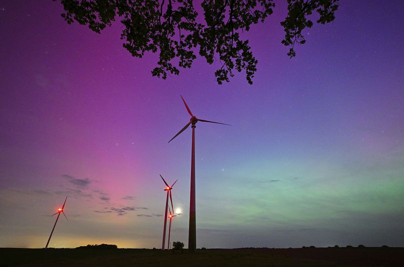 The Northern Lights appear in the night sky over East Brandenburg, Friday, May 10, 2024.